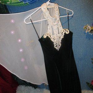 vintage Green velvet and white lace/pearl dress